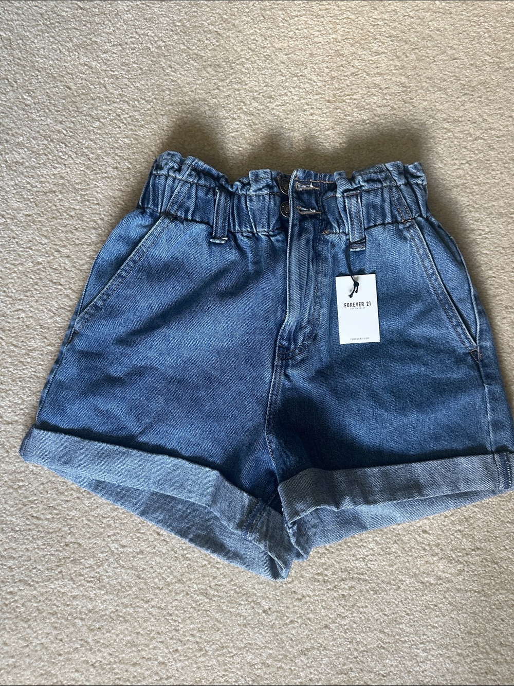 Forever 21 Blue Paperbag Waist Denim Shorts